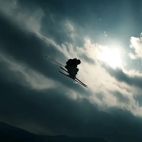 KI-generiertes Minimal-Bild: Skifahrer im Sprung – gecaptured